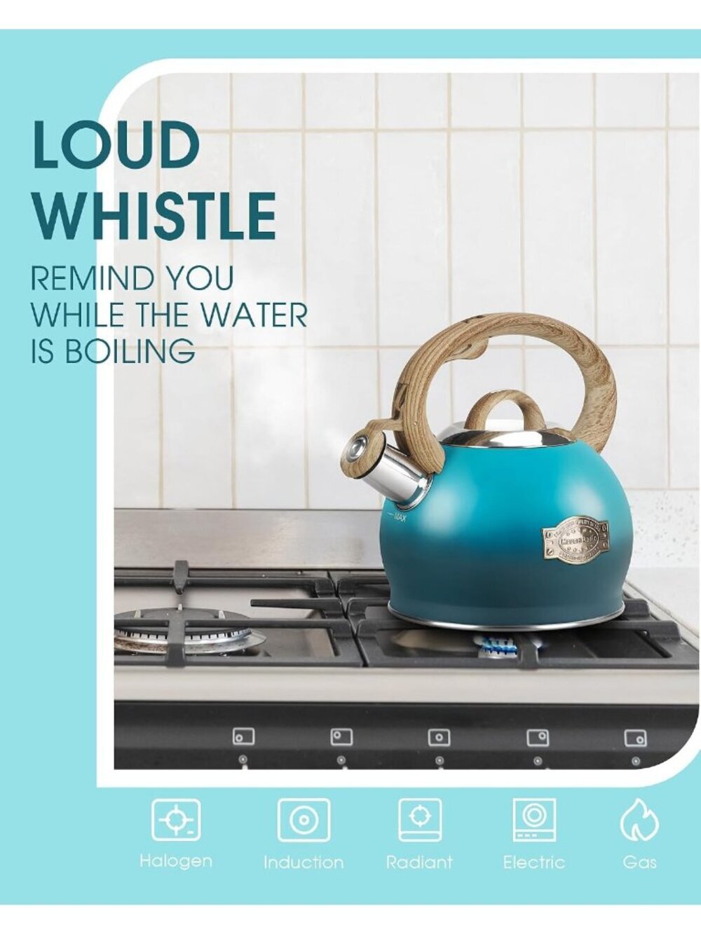 Dark Blue Whistling Tea kettle 2.1 QT Stainless Steel Stovetop with Wood Handle - Picture 4 of 6